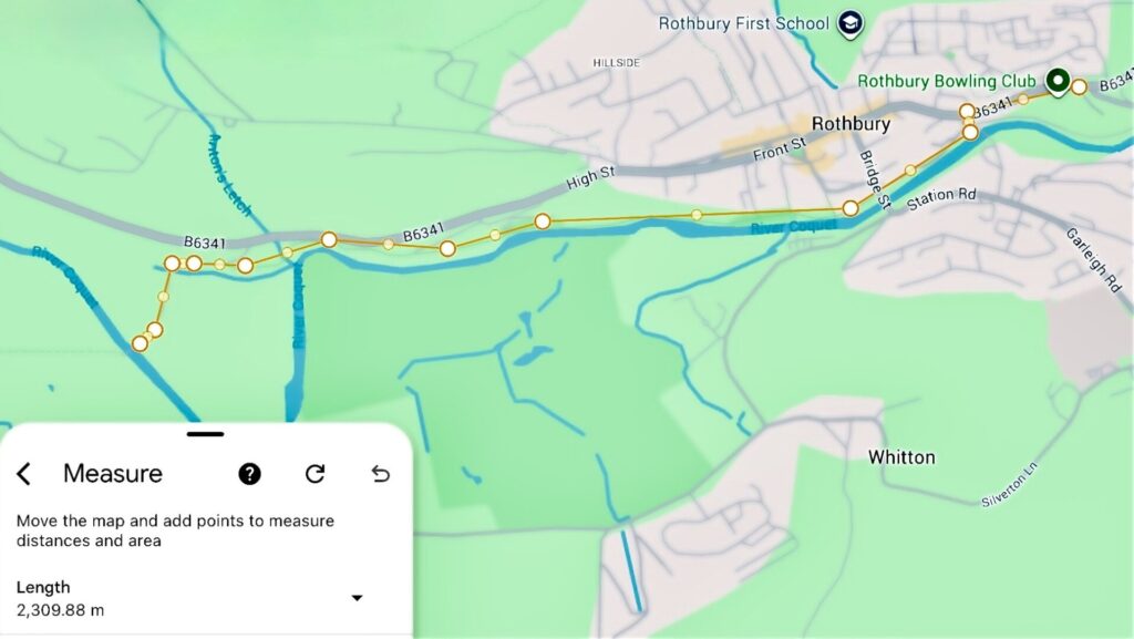 Map of running route, running from Rothbury along the riverside path t Lady's Bridge.
